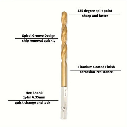 Titanium Twist Drill Bit Set – Hex Shank 1.5–6.5mm (available in single piece & all in one pack)
