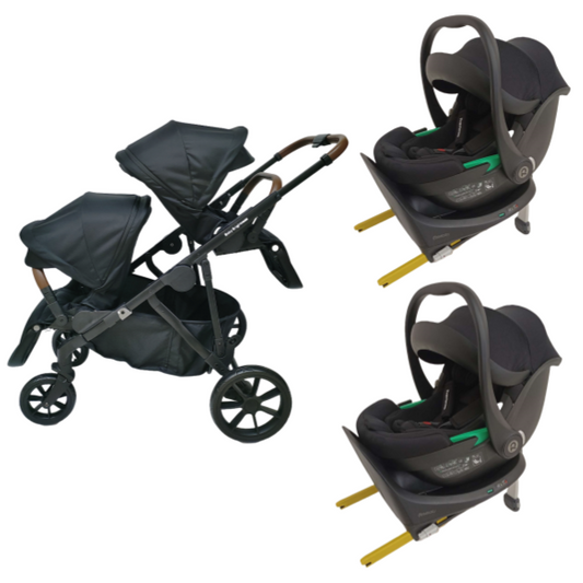 Baby Brightness Luxe twin stroller with double i-size infant car seats and double ISOFX bases Black