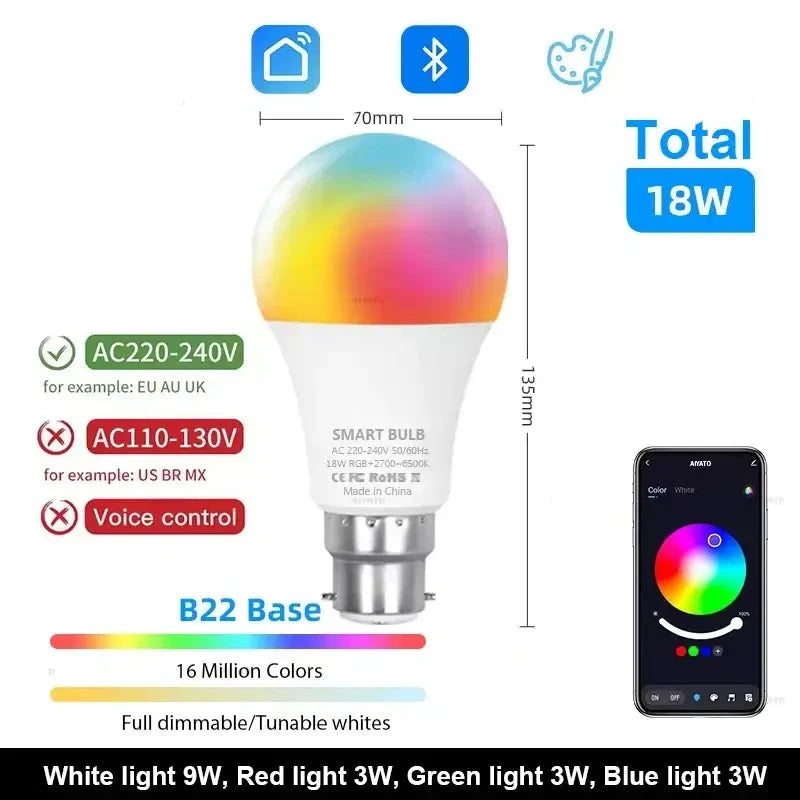 Smart LED Bulb 15W/18W E27/B22, Dimmable