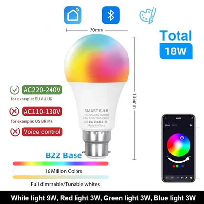 Smart LED Bulb 15W/18W E27/B22, Dimmable