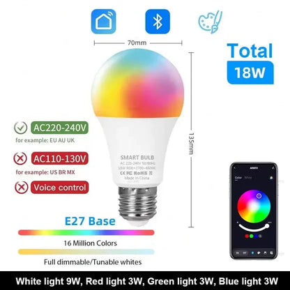 Smart LED Bulb 15W/18W E27/B22, Dimmable