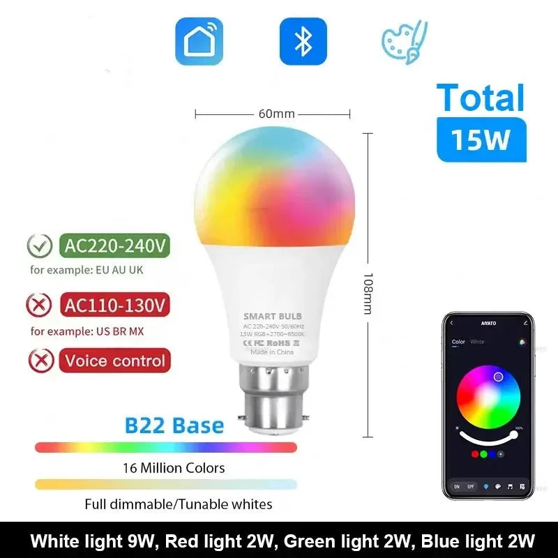 Smart LED Bulb 15W/18W E27/B22, Dimmable