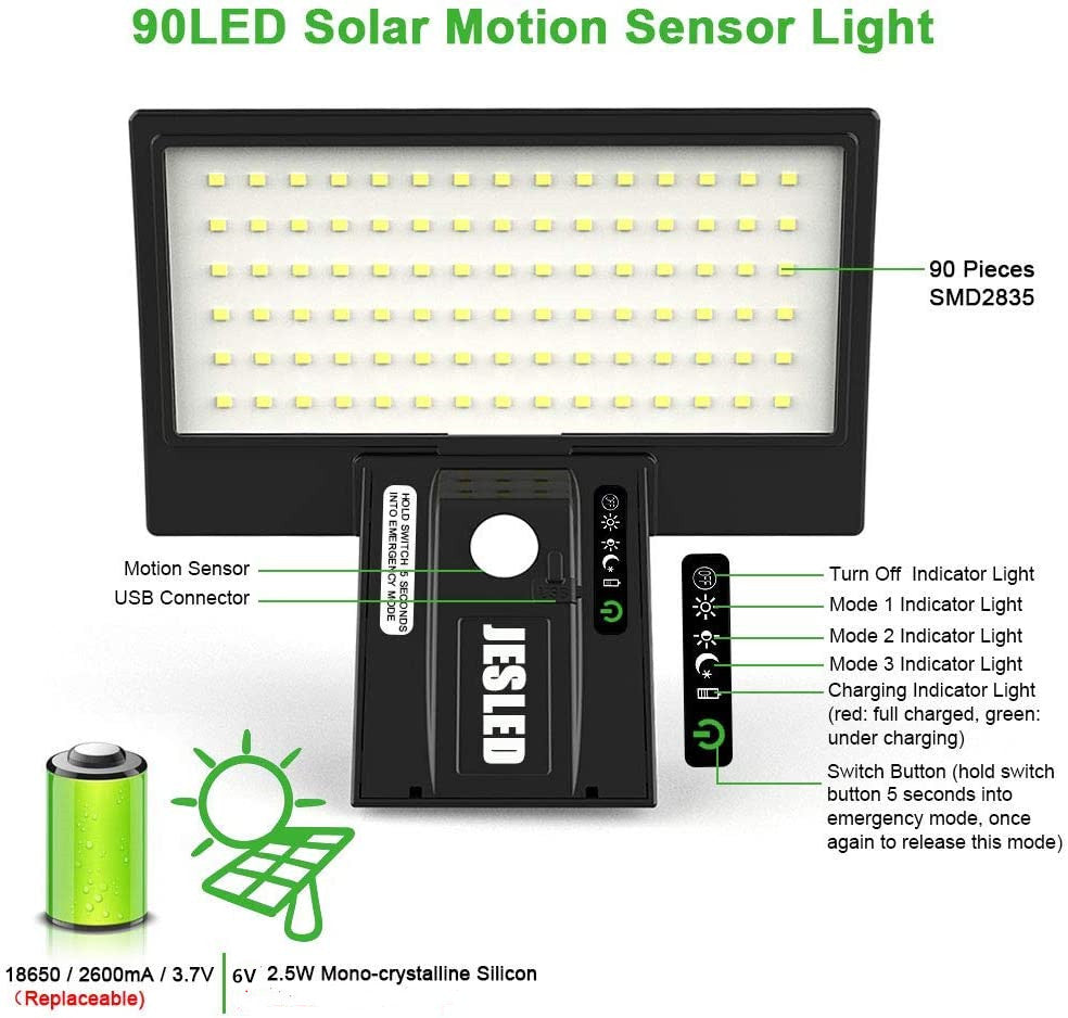 90LED Solar Powered Exterior Wall Security Light Warm White