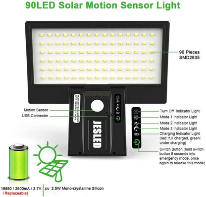 90LED Solar Powered Exterior Wall Security Light Warm White