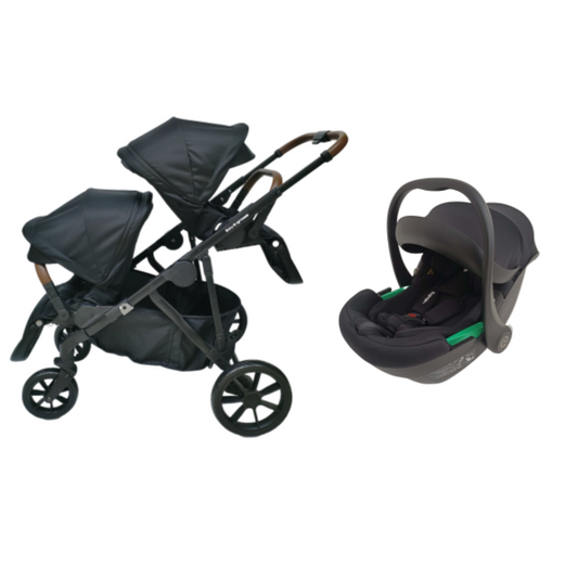 Baby Brightness Luxe twin stroller with i-size infant car seat Black