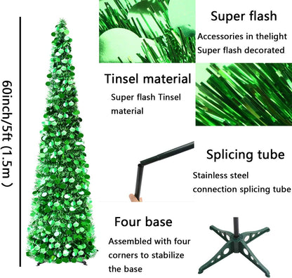 1.5M Collapsible Christmas Tinsel Tree Pop Up Artificial Xmas Tree with Easy Assembly Stand
