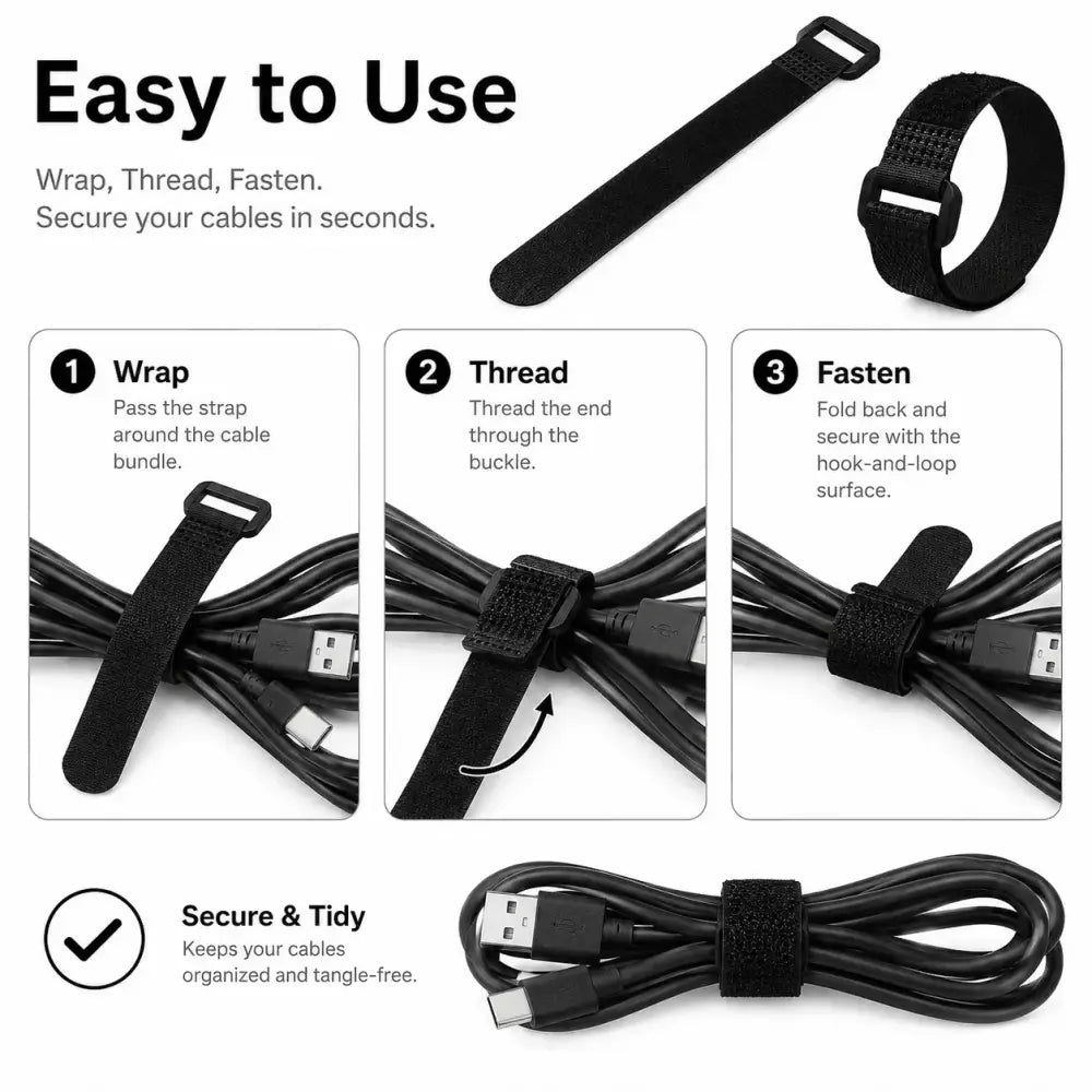 Reusable Black Nylon Hook & Loop Cable Ties