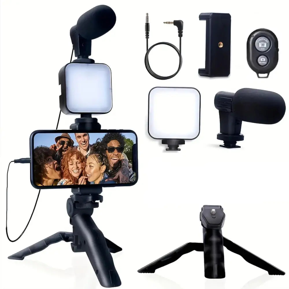 Vlogging Kit with Tripod, Mic & LED Light for Smartphones (6 in 1)