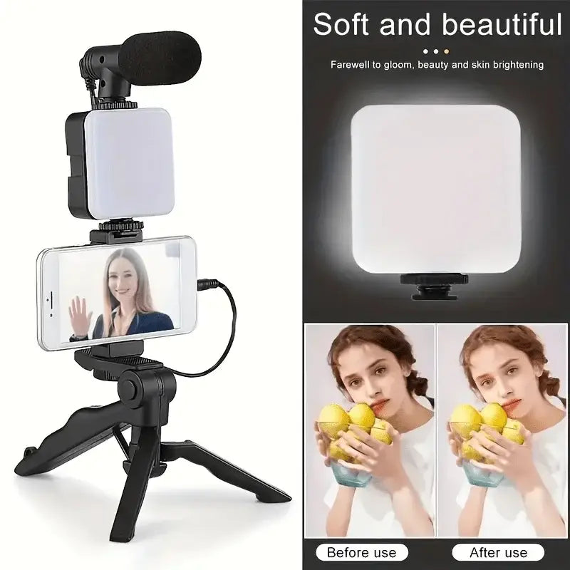 Vlogging Kit with Tripod, Mic & LED Light for Smartphones (6 in 1)