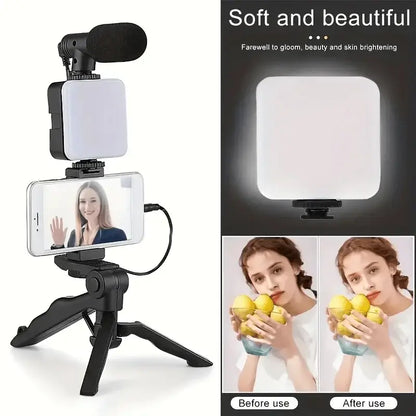 Vlogging Kit with Tripod, Mic & LED Light for Smartphones (6 in 1)