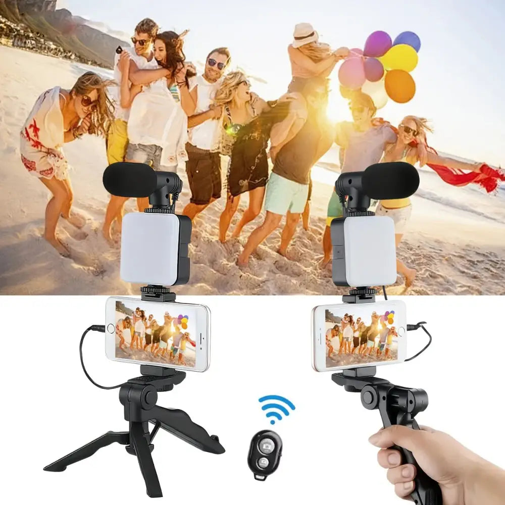 Vlogging Kit with Tripod, Mic & LED Light for Smartphones (6 in 1)