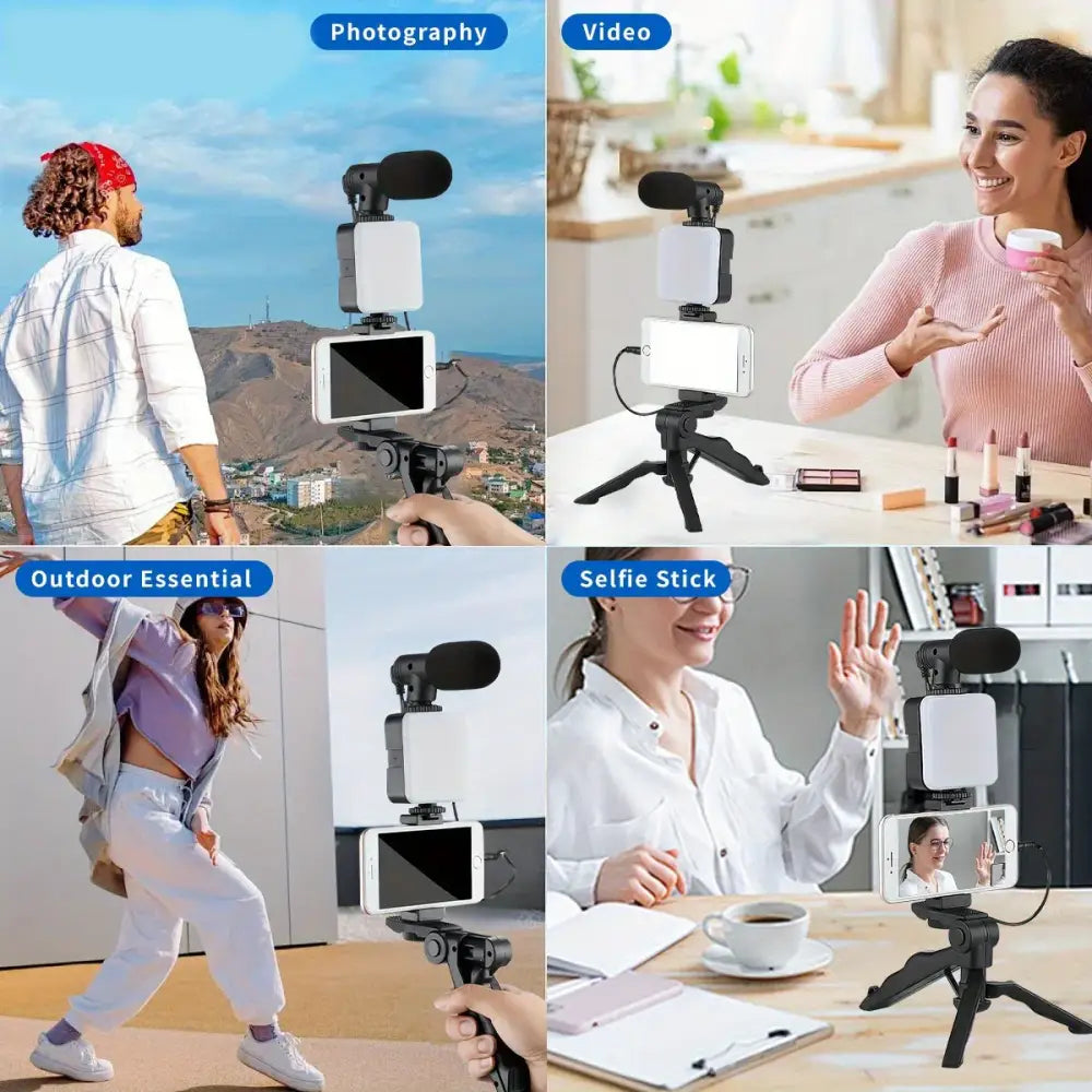 Vlogging Kit with Tripod, Mic & LED Light for Smartphones (6 in 1)