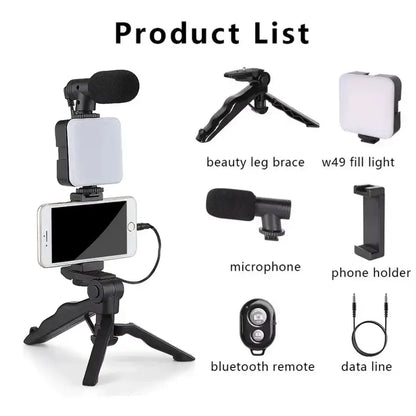 Vlogging Kit with Tripod, Mic & LED Light for Smartphones (6 in 1)
