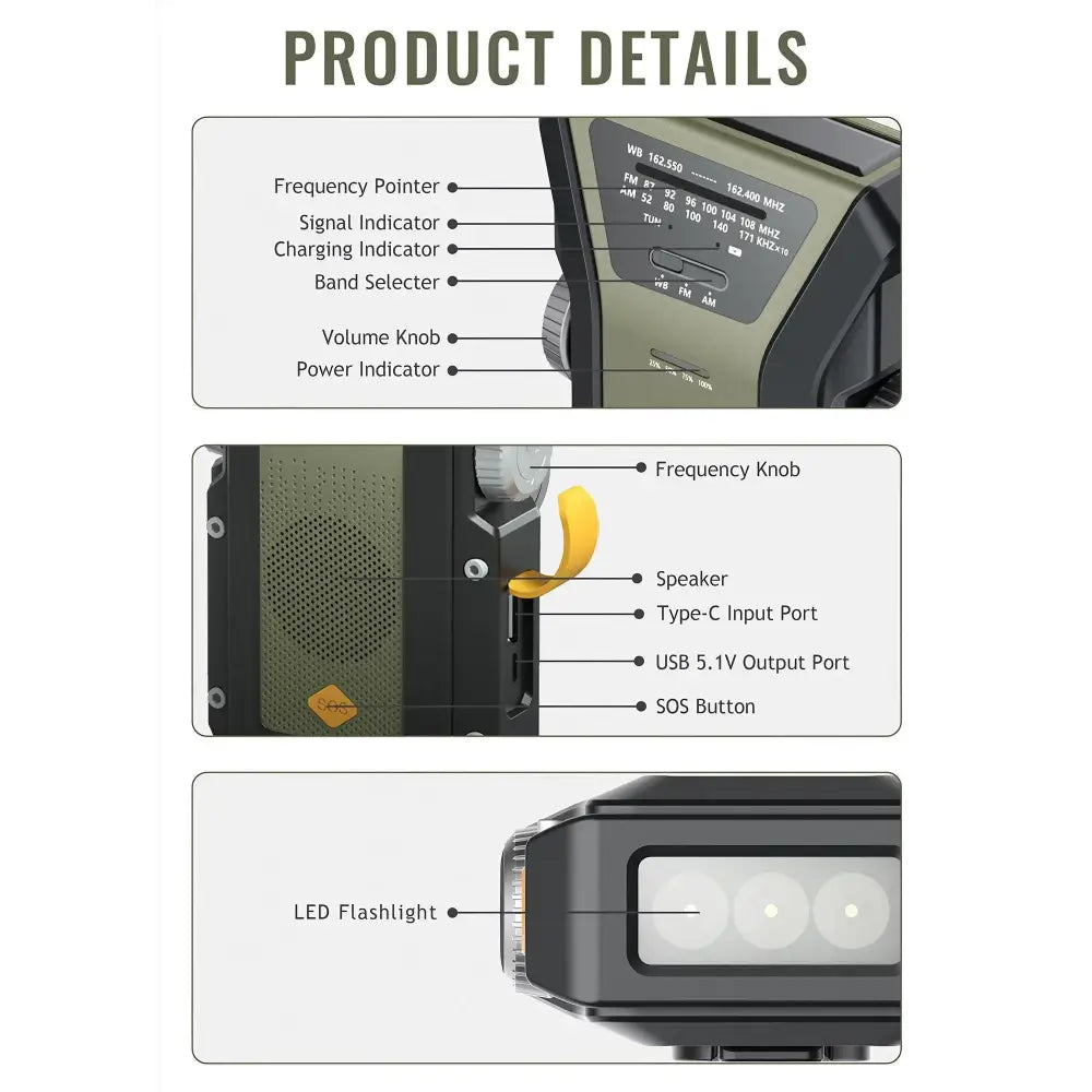2000mAh Emergency Weather Radio with Hand Crank, Solar & USB Charging, Flashlight
