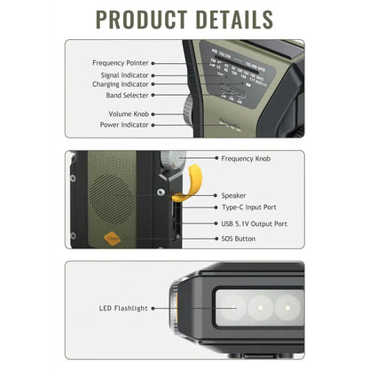 2000mAh Emergency Weather Radio with Hand Crank, Solar & USB Charging, Flashlight