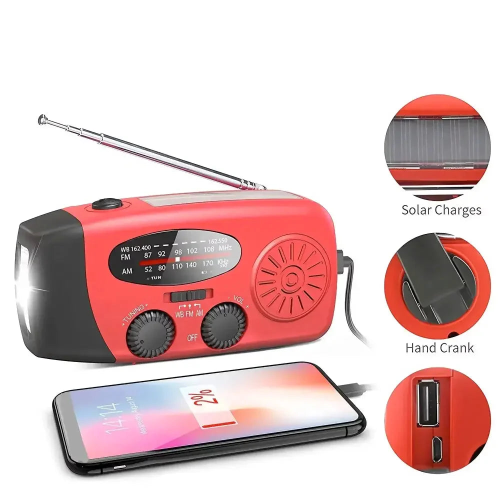 2000mAh Emergency Weather Radio with Hand Crank, Solar & USB Charging, Flashlight
