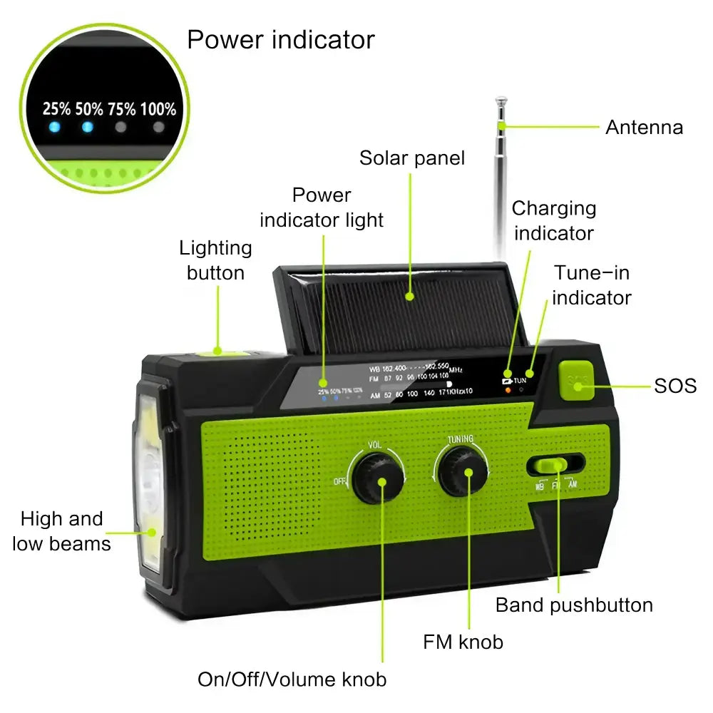 2000mAh Emergency Weather Radio with Hand Crank, Solar & USB Charging, Flashlight