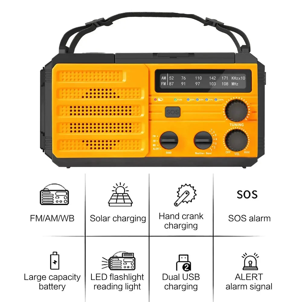 2000mAh Emergency Weather Radio with Hand Crank, Solar & USB Charging, Flashlight