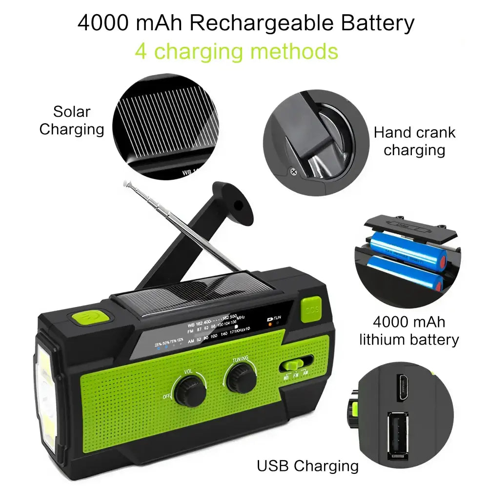 2000mAh Emergency Weather Radio with Hand Crank, Solar & USB Charging, Flashlight