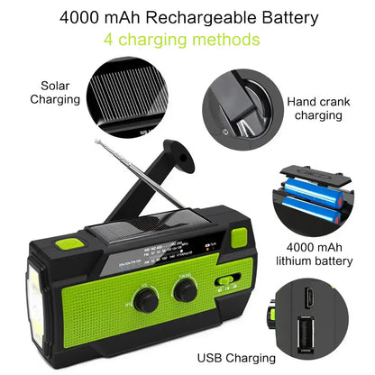 2000mAh Emergency Weather Radio with Hand Crank, Solar & USB Charging, Flashlight