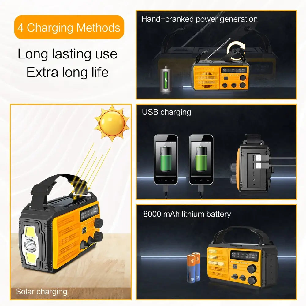 2000mAh Emergency Weather Radio with Hand Crank, Solar & USB Charging, Flashlight