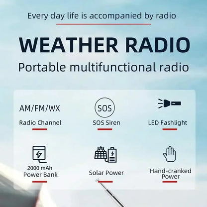 2000mAh Emergency Weather Radio with Hand Crank, Solar & USB Charging, Flashlight