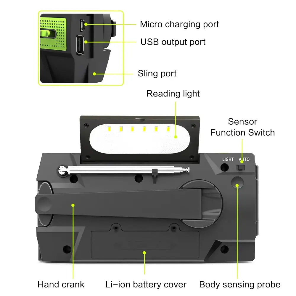 2000mAh Emergency Weather Radio with Hand Crank, Solar & USB Charging, Flashlight