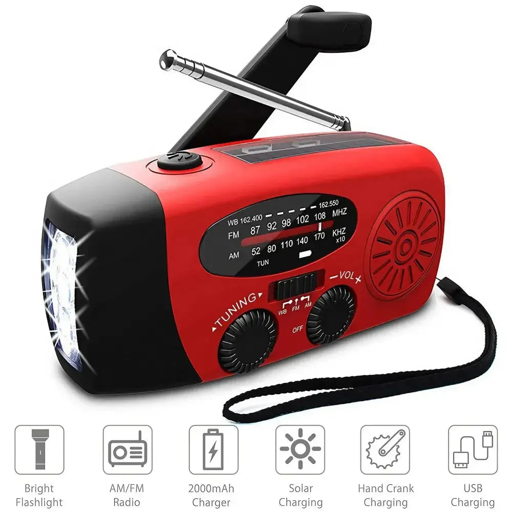 2000mAh Emergency Weather Radio with Hand Crank, Solar & USB Charging, Flashlight