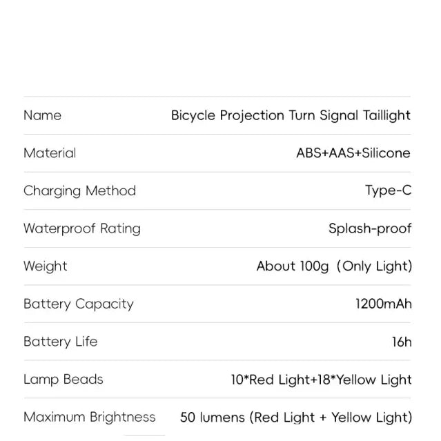 Wireless Turn Signal Bike Tail Light with Projection, 6 Modes (Rechargeable & Waterproof)