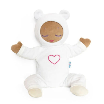 A plush Lulla doll wearing a gray two-piece outfit with a heart symbol on the bodysuit and a hood with ears, resembling a bunny.