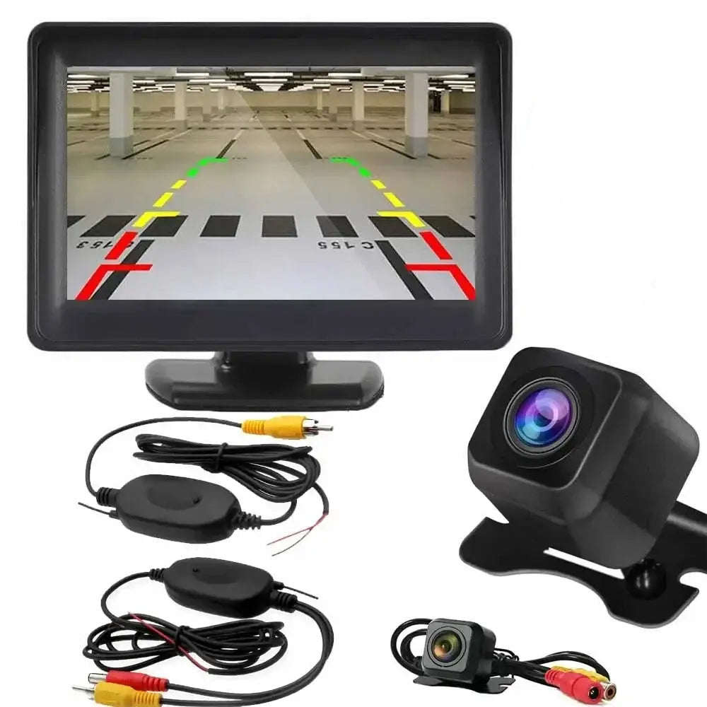Car reverse camera system with monitor, wireless icon, and HD label on a white background.