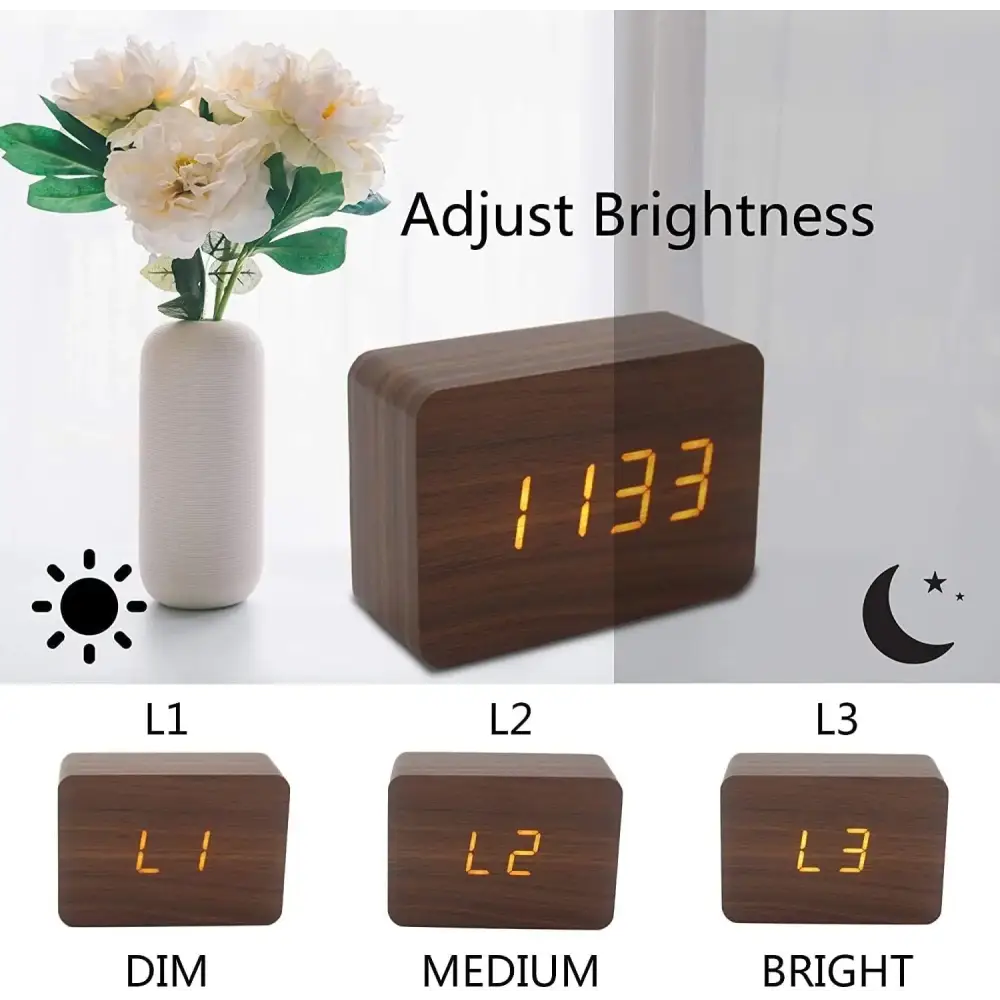 Wooden LED Digital Alarm Clock with Temperature Display & Night Light (4 colours available)